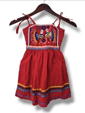Girls Mexican Folkloric Embroidered Red Sundress Boho Fiesta Birthday Dress